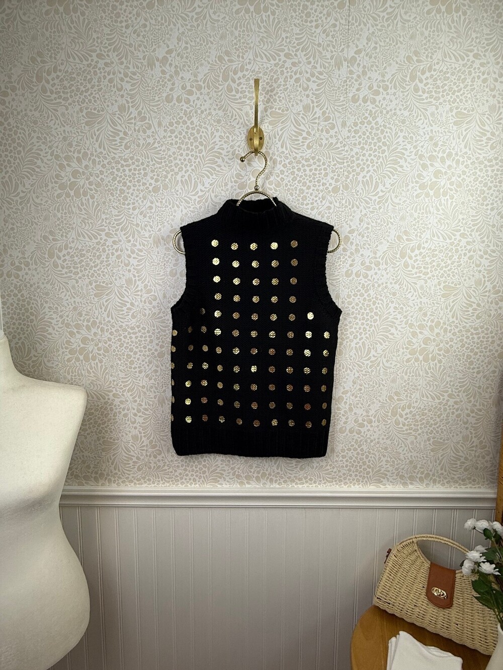 Kate Spade Saturday Perfect Crew Black & Gold Dot Sweater Vest - Size - Small